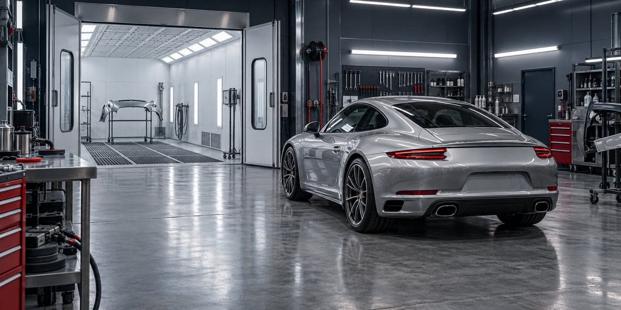 Illustrative Redline Collision performance workshop with a silver coupe and graphite repair bays