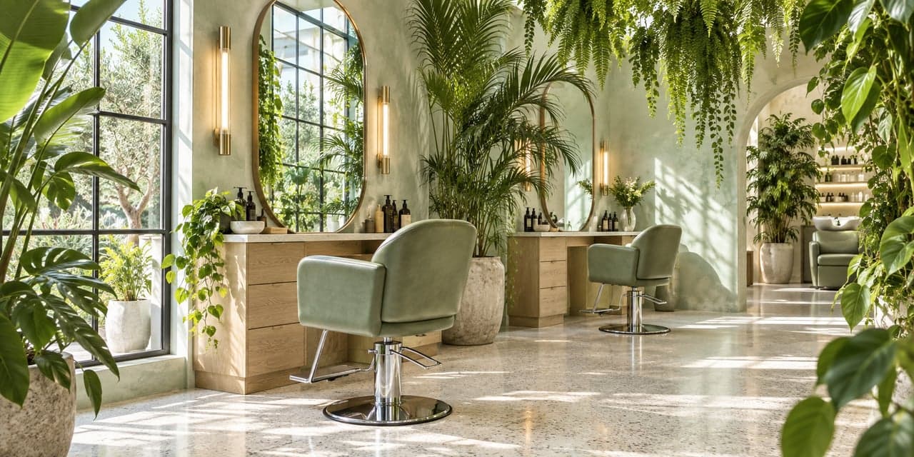 Illustrative Fern & Flow salon with hanging ferns, sage chairs, and sunlit windows