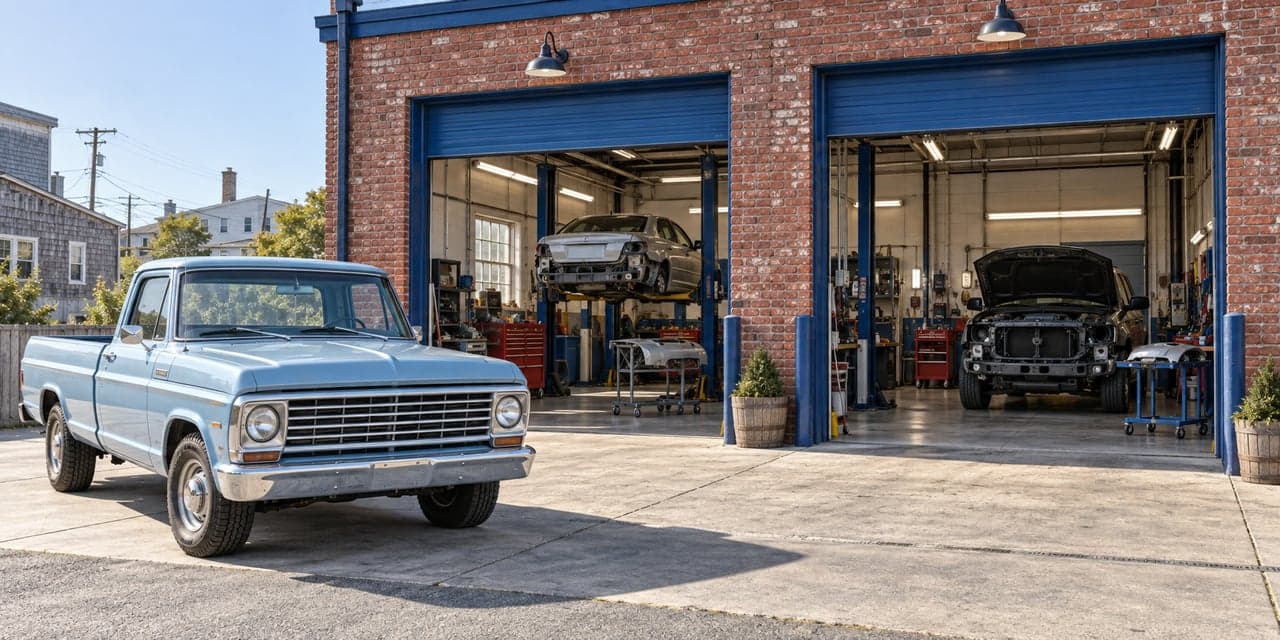 Illustrative Harbor Auto Body with blue bay doors, brick walls, and a blue pickup
