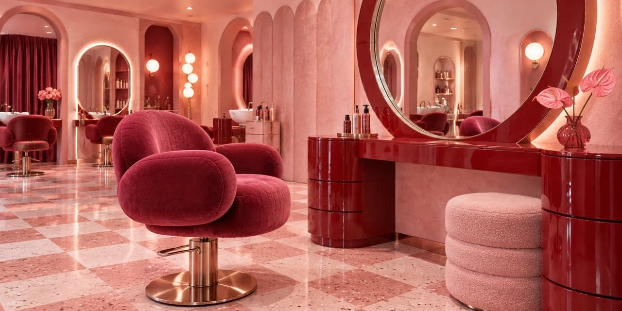 Illustrative Petal Studio with berry chairs, circular mirrors, and blush pink walls