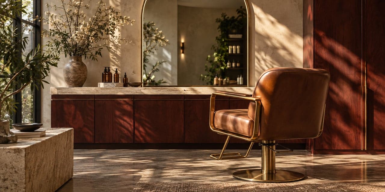 Illustrative Luma House interior with warm brass, walnut, and a leather styling chair